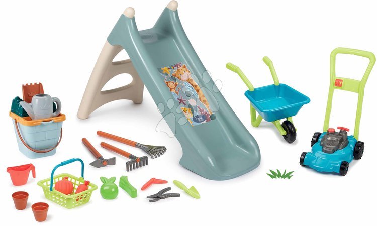 Rutschen Sets | Seite 8 - Set mit Mykľavka mit Befeuchtungsfunktion und Schubkarre mit Rasenmäher, Zvieratká XS Slide Little Smoby
