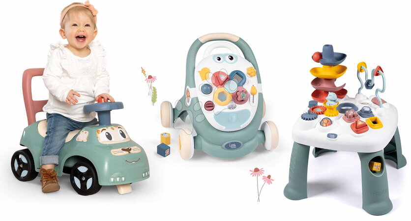 Spielzeug für 1‑jährige Kinder - Set aus Laufrad und Lauflernwagen mit didaktischem Spieltisch „Auto Ride On Little Smoby“