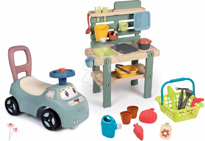 Jeździki w zestawie - Zestaw odpychacz i chodzik ze stolikiem ogrodowym Auto Ride On Little Smoby