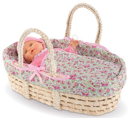 Postieľky a kolísky pre bábiky - Prútený košík s prikrývkou a vankúšom Braided Basket Floral Corolle_1