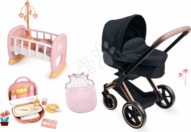 Carritos para muñecas sets - Set de cochecito 3en1 con cuna para muñeca Cybex Black 3en1 Pram Corolle