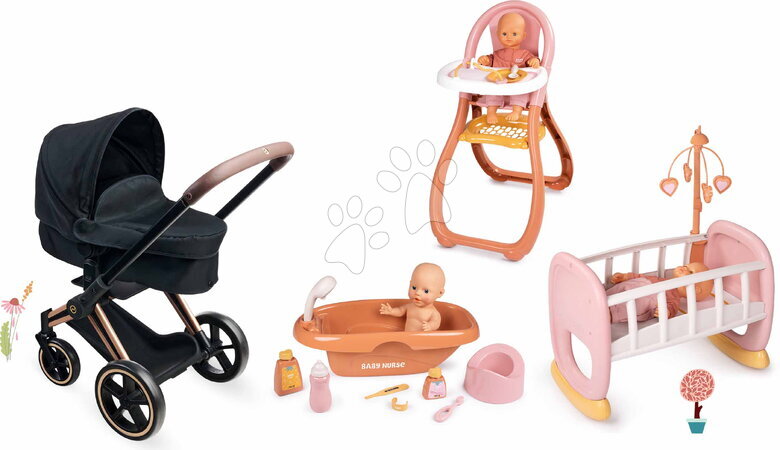 Carritos para muñecas sets - Set de cochecito 3en1 para muñeca en el comedor Cybex Black 3en1 Pram Corolle