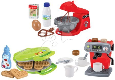 Játékkonyha kiegészítők és edények - Szett konyhai kisgépekből Écoiffier kávéfőző gofrisütő és kisgép kiegészítőkkel 18 hó-tól