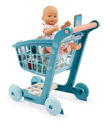 Detské kuchynky - Nákupný vozík s 30 cm bábikou Trolley Doll Vert Azur Écoiffier