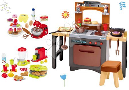 Obyčejné kuchyňky - Set kuchyňka s pizzou Pizzeria Écoiffier oboustranná s vaflovačem a kuchyňským robotem s doplňky