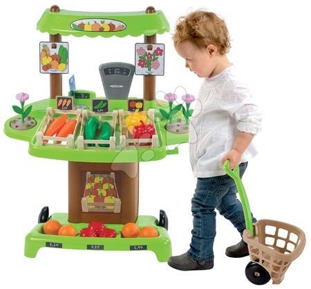 Detské obchody - Zeleninový Bio stánok s vozíkom Organic 100% Chef Écoiffier hnedý s 35 doplnkami od 18 mes_1