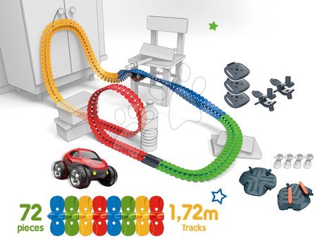 Hračky pre deti od 3 do 6 rokov - Set flexibilná autodráha FleXtrem Discovery Set Smoby s 612 cm predĺženou dráhou s výhybkou fixáciou a elektronickým autíčkom