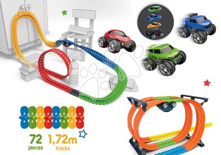 Hračky pre deti od 3 do 6 rokov - Set flexibilná autodráha Flextrem Discovery Set Smoby so Superloops okruhmi a predĺžená dráha 612 cm s výhybkou a fixáciou a 3 elektronické autíčka