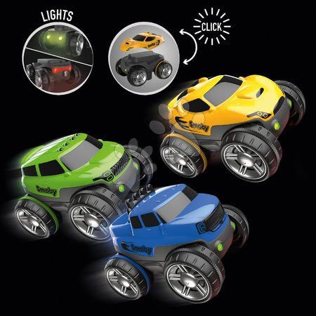 Autíčka a trenažéry - Náhradní autíčko k flexibilní autodráze FleXtrem Discovery Set Smoby s třemi vyměnitelnými karoseriemi modrá žlutá a zelená od 4 let