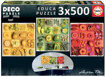Puzzle 500 dielne - Puzzle Exotic Fruits and Flowers Educa Andrea Tilk 3x500 a Fix lepidlo od 11 rokov