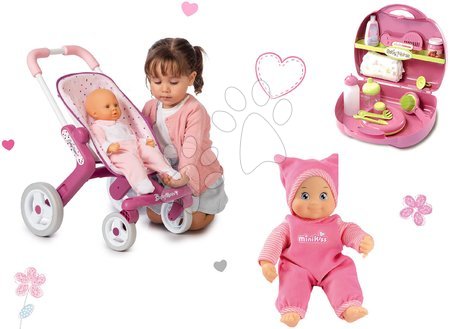 Bábiky s doplnkami sety - Set bábika Minikiss Smoby so šatôčkami 27 cm a ružový prebaľovací set v kufríku a kočík pre bábiku
