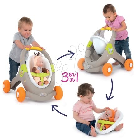 Vozički za punčke in dojenčke - Komplet sprehajalček in voziček z avtosedežem živalce Animal Minikiss 3v1 Smoby z zavoro_1