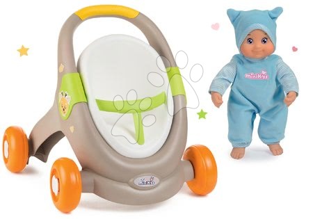 Vozički za punčke in dojenčke od 12 mesecev - Komplet sprehajalček in voziček z avtosedežem živalce Animal MiniKiss 3v1 Smoby s brzdou
