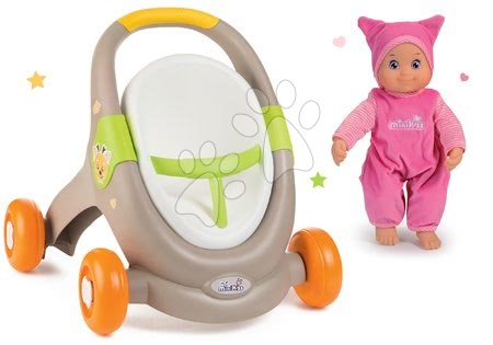 Kočárky pro panenky od 12 měsíců - Set chodítko a kočárek s autosedačkou zvířátka Animal MiniKiss 3v1 Smoby s brzdou