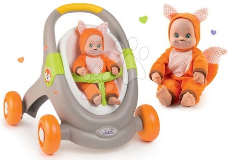 Kočíky pre bábiky od 12 mesiacov - Set chodítko a kočík s autosedačkou zvieratká Animal Minikiss 3v1 Smoby s brzdou