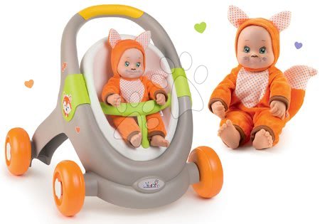 Bébijátékok - Szett járássegítő és babakocsi autósüléssel állatkák Animal Minikiss 3in1 Smoby fékkel