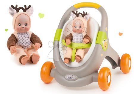 Kočíky pre bábiky od 12 mesiacov - Set chodítko a kočík s autosedačkou zvieratká Animal Minikiss 3v1 Smoby s brzdou