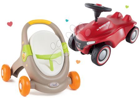 Za dojenčke Smoby - Komplet sprehajalček in voziček z avtosedežem živalce Animal MiniKiss 3v1 Smoby z zavoro