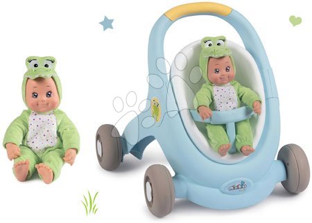 Játékbabák gyerekeknek - Szett járássegítő és babakocsi fékkel Croc Baby Walker Minikiss 3in1 Smoby 