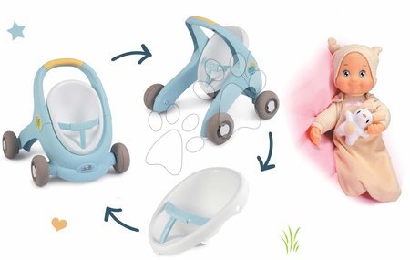 Puppenwagen ab 12 Monaten - Set Lauflernwagen und Kinderwagen mit Bremse Croc Baby Walker Minikiss 3in1 Smoby