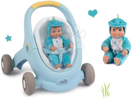 Jucării pentru bebeluși - Set premergător și cărucior cu frână Croc Baby Walker Minikiss 3in1 Smoby cu păpușa dino 30 cm cu sunete