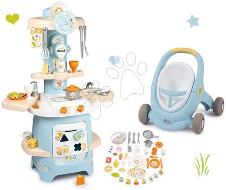Jucării pentru bebeluși - Set premergător și cărucior cu frână Croc Baby Walker Minikiss 3in1 Smoby cu bucătărie didactică și cuburi_1