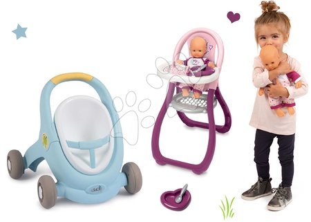 Minikiss - Szett járássegítő és babakocsi fékkel Croc Baby Walker Minikiss 3in1 Smoby és etetőszék játékbabával