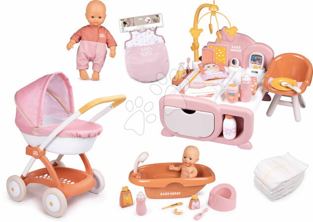 Játékbaba és kellék szettek - Szett játékbaba rugdalózóban gyerekszobában babaházban Doll Baby Nurse Smoby
