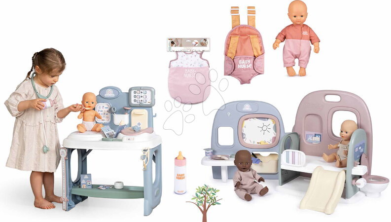 Játékbaba és kellék szettek - Szett játékbaba rugdalózóban gyereksarokban a dokinál Doll Baby Nurse Smoby