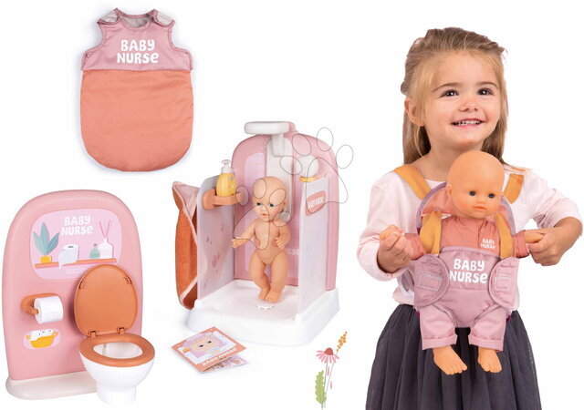 Játékbaba és kellék szettek - Szett játékbaba rugdalózóban működő zuhannyal és wc-vel Doll Baby Nurse Smoby