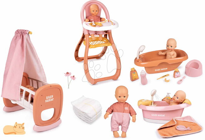 Játékbaba és kellék szettek - Szett játékbaba rugdalózóban bölcsőben Doll Baby Nurse Smoby