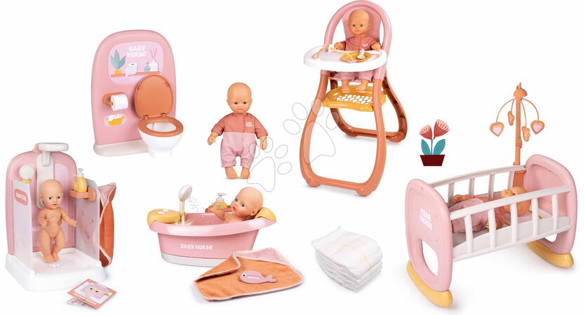 Játékbaba és kellék szettek - Szett játékbaba rugdalózóban fürdőszobában wc-vel Doll Baby Nurse Smoby
