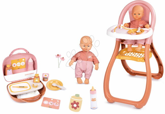 Játékbaba és kellék szettek - Szett játékbaba rugdalózóban az étkezőben Doll Baby Nurse Smoby