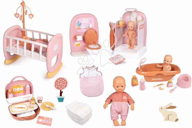 Játékbaba és kellék szettek - Szett játékbaba rugdalózóban fürdőszobában alvás előtt Doll Baby Nurse Smoby