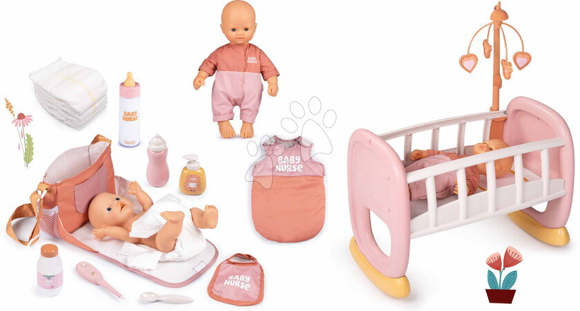 Játékbaba és kellék szettek - Szett játékbaba rugdalózóban hálószobában bölcsőben Doll Baby Nurse Smoby