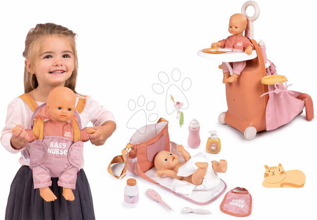 Játékbaba és kellék szettek - Szett játékbaba rugdalózóban vendégségben babahordozóban Doll Baby Nurse Smoby