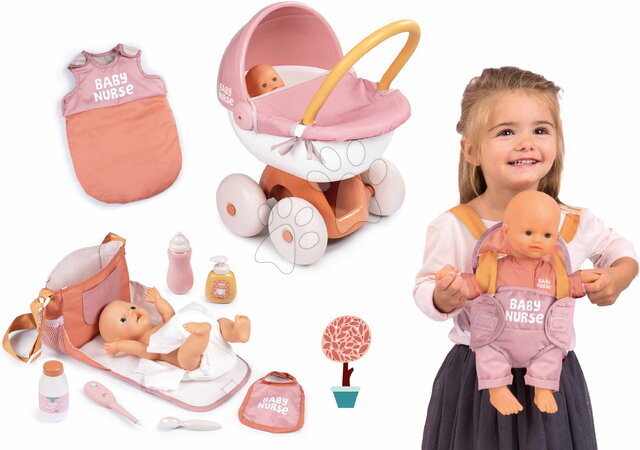 Játékbaba és kellék szettek - Szett játékbaba rugdalózóban sétán babakocsiban Doll Baby Nurse Smoby