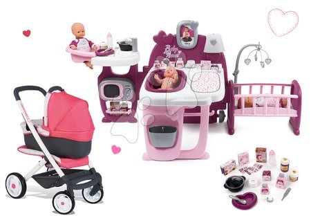 Baby Nurse - Set domček pre bábiku Violette Baby Nurse Large Doll's Play Center Smoby a kočík hlboký a športový Trio Pastel Maxi Cosi & Quinny