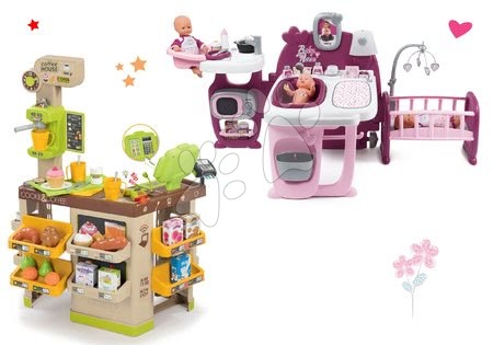 Baby Nurse - Set căsuță pentru păpușa Baby Nurse Doll's Play Center Smoby și aparat de cafea Espresso Coffee House