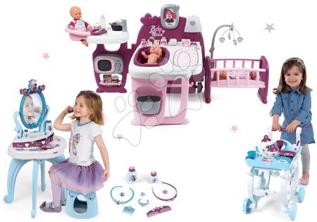 Baby Nurse - Set kućica za lutku Violette Baby Nurse Large Doll's Play Center Smoby i kozmetički stolić Frozen 2u1 i kolica za serviranje Frozen XL Tea Trolley