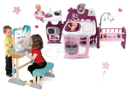 Baby Nurse - Komplet hišica za dojenčka Violette Baby Nurse Large Doll's Play Center Smoby in lesena klop Modulo Space dvostranska