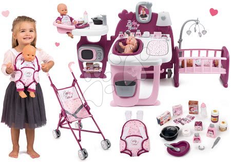 Baby Nurse - Set centru bebe Violette Baby Nurse Large Doll's Play Center Smoby și cărucior golf cu păpușă de jucărie și marsupiu ergonomic