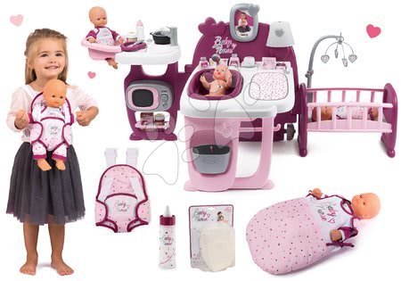 Baby Nurse - Set domeček pro panenku Violette Baby Nurse Large Doll's Play Center Smoby a panenka s pamperskami a lahví, nosič s nočním úborem