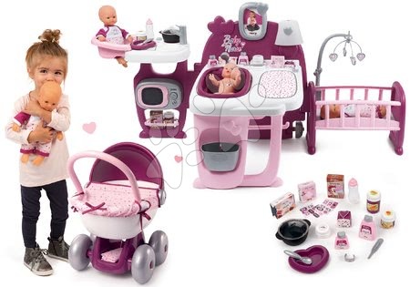 Baby Nurse - Komplet hišica za dojenčka Violette Baby Nurse Large Doll's Play Center Smoby in globoki voziček z blagom in 32 cm dojenček