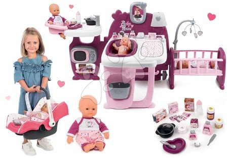 Baby Nurse - Komplet hišica za dojenčka Violette Baby Nurse Large Doll's Play Center Smoby in dojenček z avtosedežem in nosilko