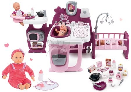Baby Nurse - Set domček pre bábiku Violette Baby Nurse Large Doll's Play Center Smoby a bábika Lila Chérie Mon Grand 42 cm so zvukmi, 5 funkciami