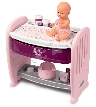 Pătuț de păpușă lângă pătuț de copil cu pult de înfășat Violette Baby Nurse 2în1 Smoby 3 poziții cu 8 accesorii de la 24 de luni