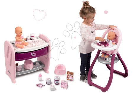 Játékbaba kiságyak és bölcsők - Szett babaágy gyerekágy mellé pelenkázó pulttal Violette Baby Nurse 2in1 Smoby pisilő játékbabával