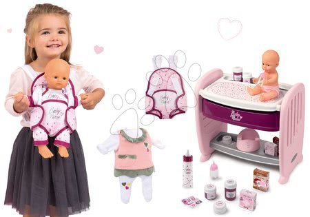 Játékbaba kiságyak és bölcsők - Szett babaágy gyerekágy mellé pelenkázó pulttal Violette Baby Nurse 2in1 Smoby pisilő játékbabával