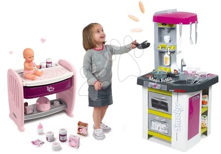 Babacenter - Szett babaágy gyerekágy mellé pelenkázó pulttal Violette Baby Nurse 2in1 Smoby pisilő játékbabával